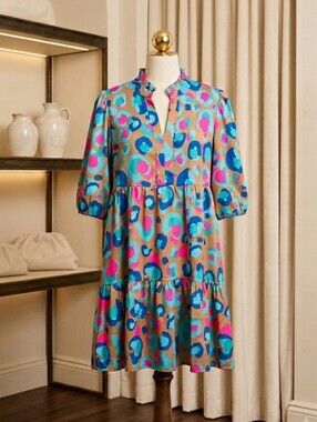 Hidden Brand Multicolor Leopard Print Ruffle Dress – V-Neck Balloon Sleeve